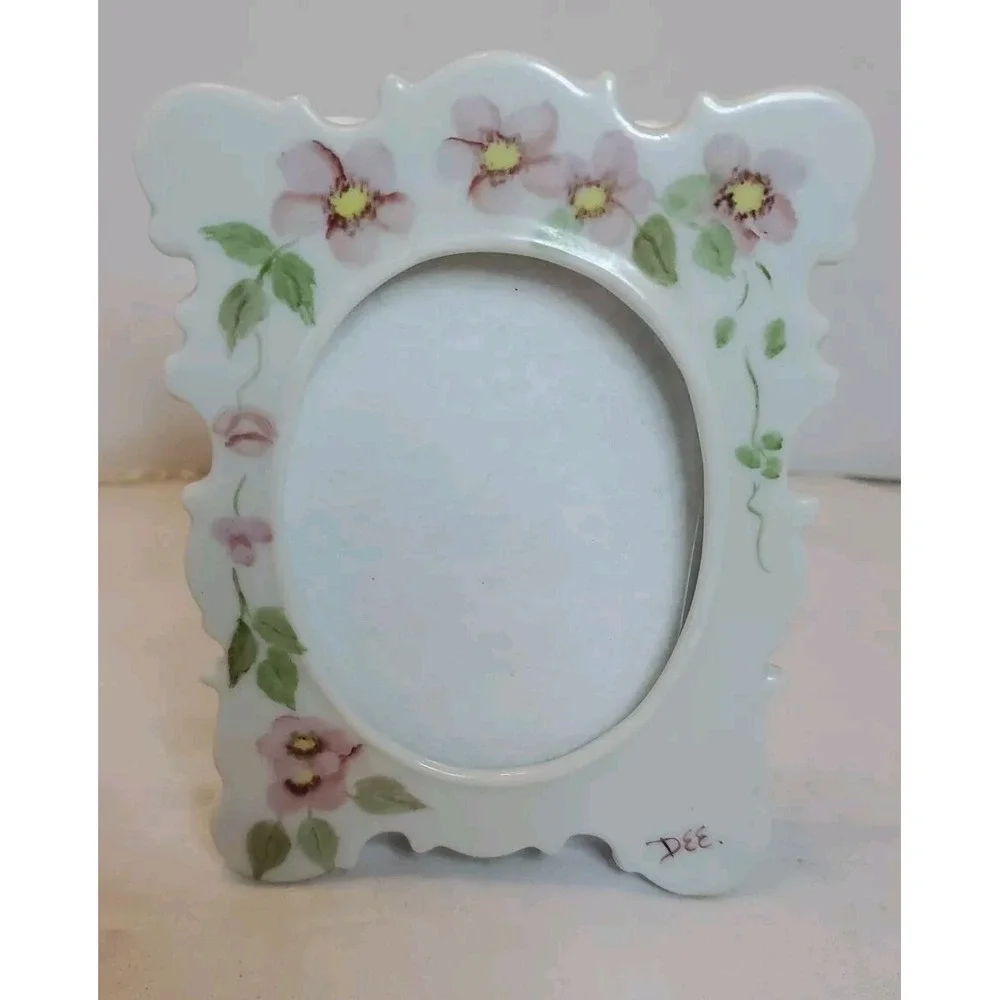 Vintage Porcelain Photo Frame Oval Center Hand Painted Flowers Signed By 